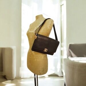 Vintage Luxury Casa Aries Push Lock Black Leather Shoulder Bag Retro Glam